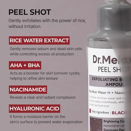 Dr.Melaxin Peel Shot Black Rice Exfoliating Ampoule, Face Exfoliator with AHA BHA Niacinamide Rice Bran Water, Blackhead Remover, Pore Minimizer, Brightening Glass Skin Serum, Korean Skin Care, 2.7 oz