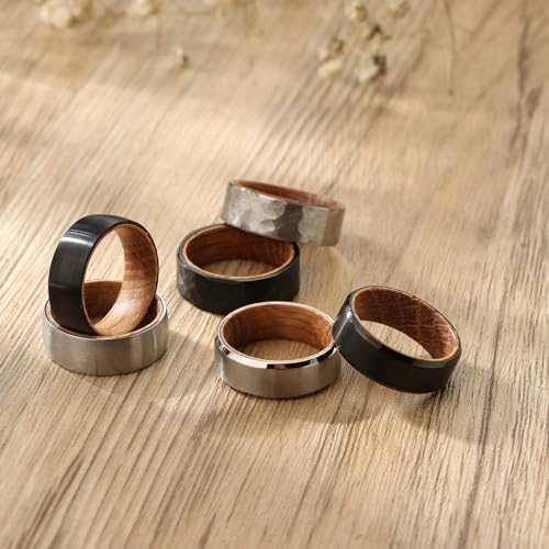 Adreamz 8mm Silver Hammered Stainless Steel Ring Whiskey Barrel Wood Inner Hole Inlaid Fashion Promise Wedding Band for Men Women Comfort Ring Size 11.5