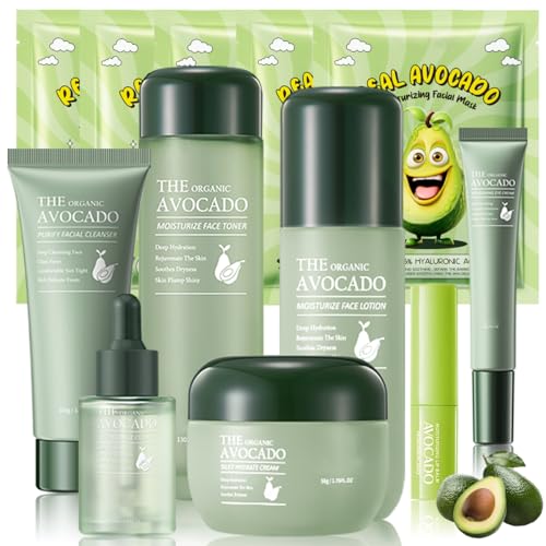 12pcs Avocado Skincare Kit, with Facial Cleanser, Toner, Lotion, Face Serum, Face Cream, Eye Cream, Facial mask&Lip Balm For Hydrating Skin Anti-Aging Skin For Women Teen Girls Skin Care Gift Set
