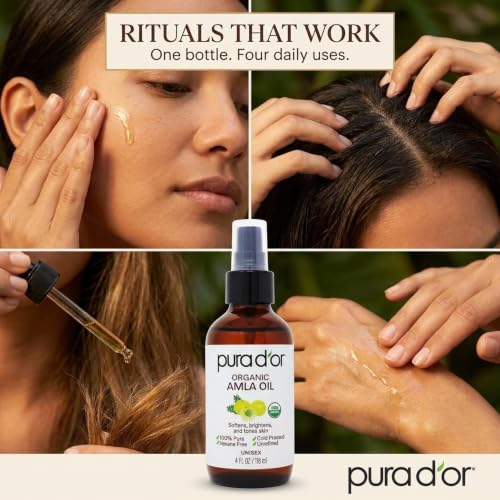 PURA D'OR 4 Oz ORGANIC Amla Oil, 100% Pure USDA Certified Premium Grade, Cold Pressed, Unrefined, Extra Virgin, Hair Serum & Thickening Hair Product w/Pump for Women & Men, Ayurvedic Skin Care