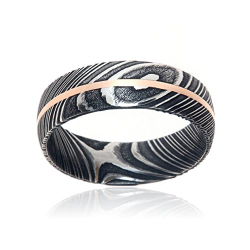 Damascus Steel Wedding Bands USA Made 14k Rose Gold Rings Damascus Rings