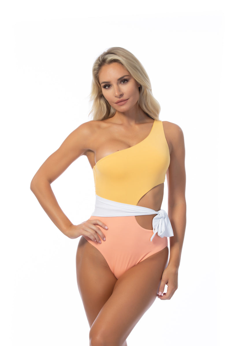 COLOR BLOCKING ONE SHOULDER CUTOUT ONE PIECE