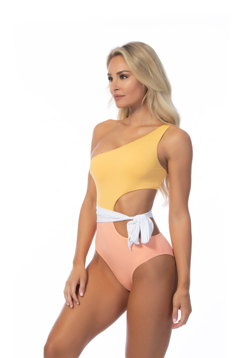 COLOR BLOCKING ONE SHOULDER CUTOUT ONE PIECE