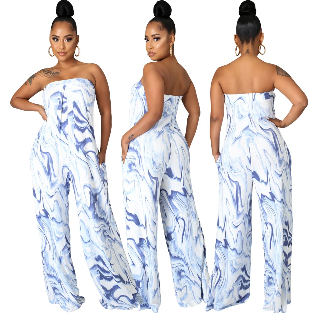LightlyKiss Women's Summer Sexy Sleeveless Jumpsuit Fashion Open Back Jumpsuits Elegant Wide Leg Pants Rompers Blue.