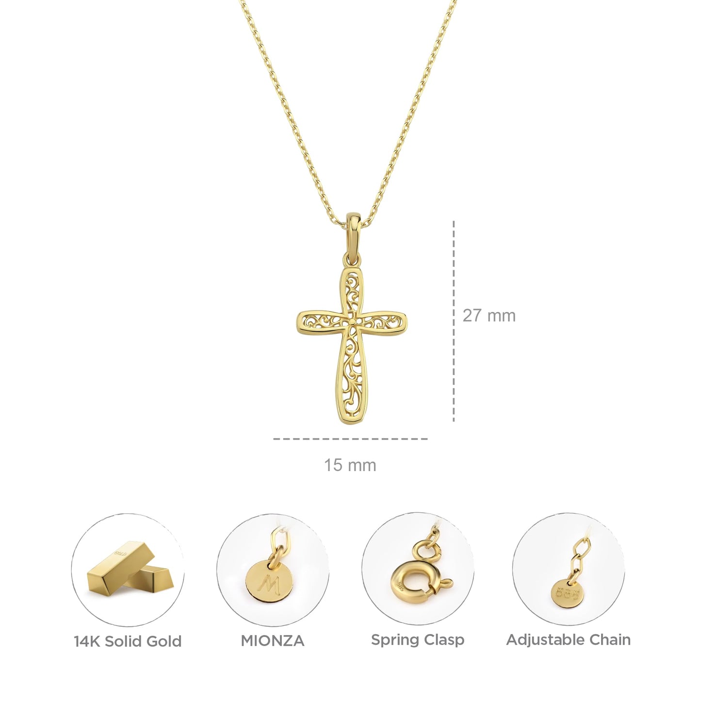 MIONZA 14K Solid Gold Cross Necklace for Women, Pattern Floral Gold Cross Pendant Chain,Adjustable Crucifix Necklace,Religious Gifts for Her 18'' (14K Solid Yellow Gold)