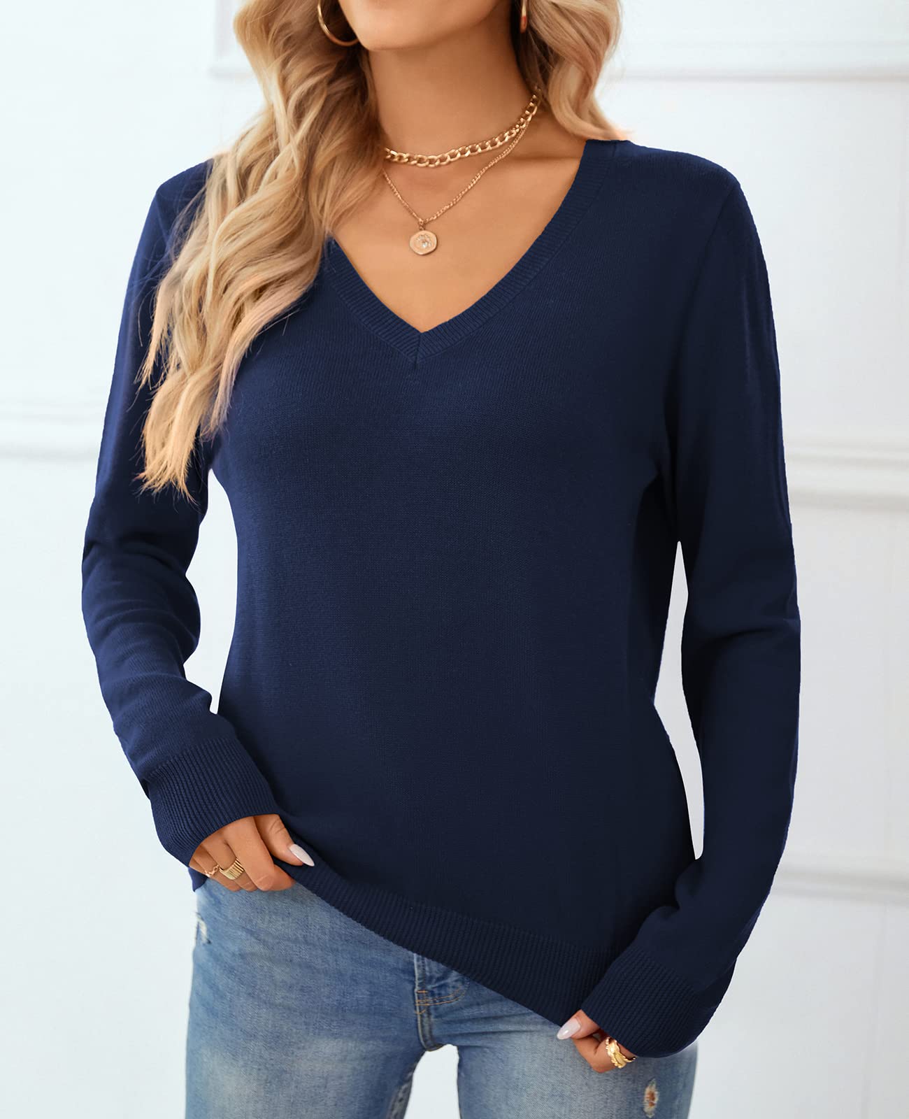 QUALFORT Women's 100% Cotton Sweater V Neck Long Sleeve Knitted Sweaters Navy Medium
