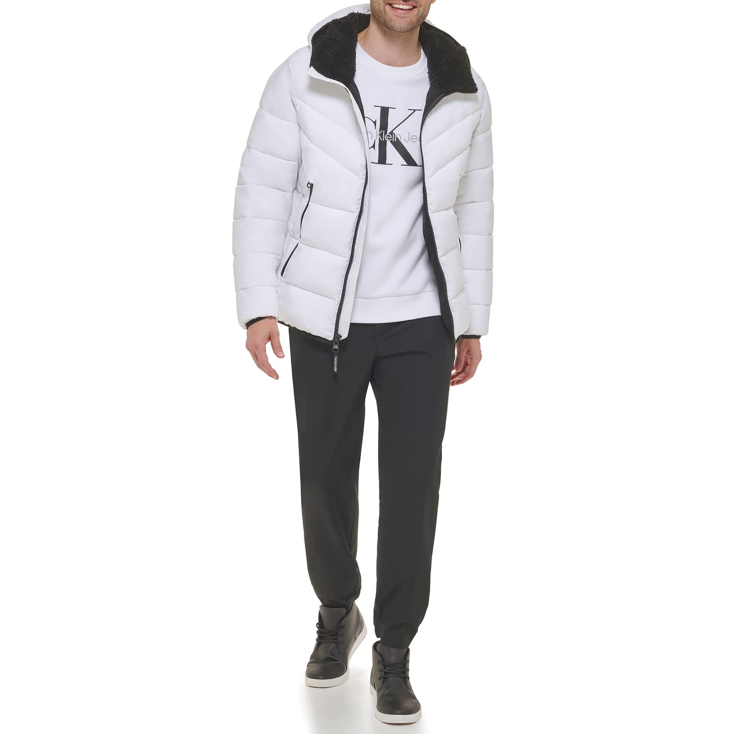 Calvin Klein Men's Hooded Stretch Jacket, White, Medium