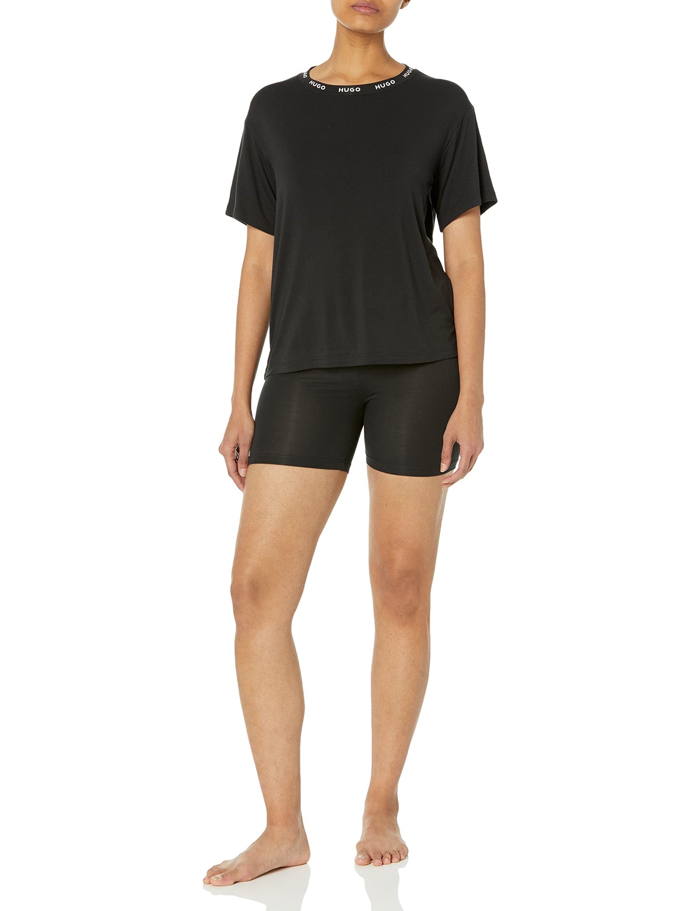 HUGO By Boss Womens Exposed Waistband Logo Collar T-shirt Shorts And Set, Solid Black/Bright Alabaster, Large US