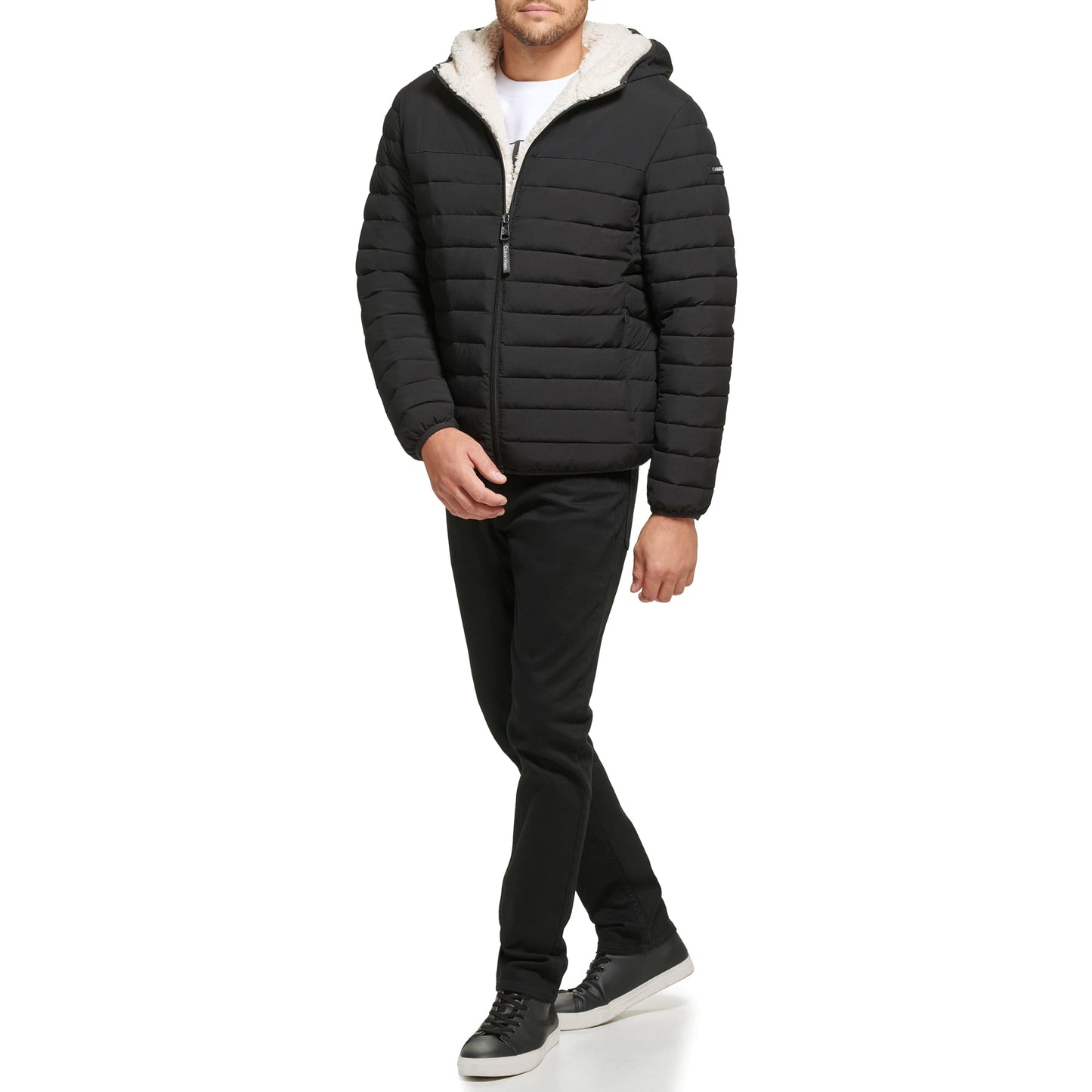 Calvin Klein Men's Lightweight Packable Down Jacket with Fleece Bib and Removable Hood,Black Stretch, X-Large