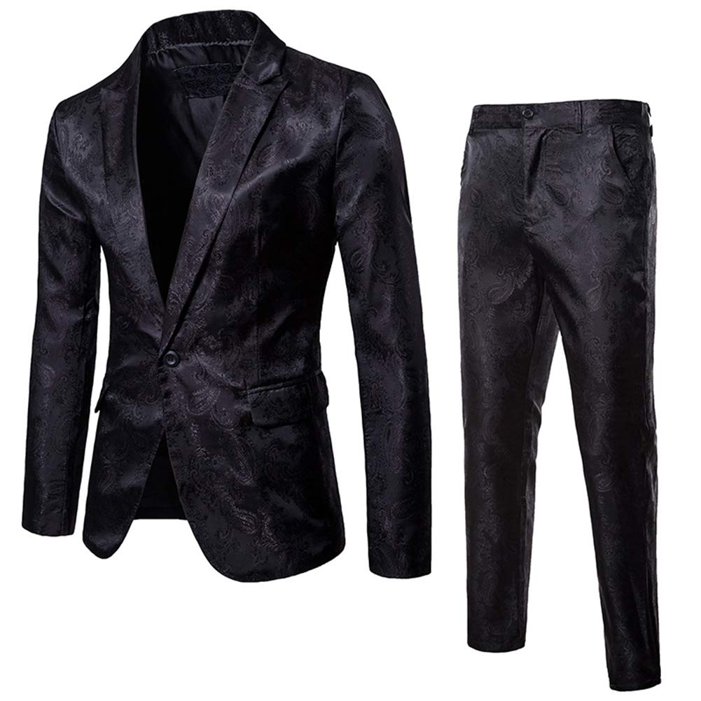 Mens 2 Piece Paisley Dress Suit One Button Party Wedding Blazer Pants Sets (Black, Large)
