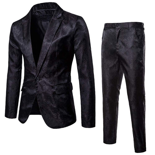 Mens 2 Piece Paisley Dress Suit One Button Party Wedding Blazer Pants Sets (Black, Large)