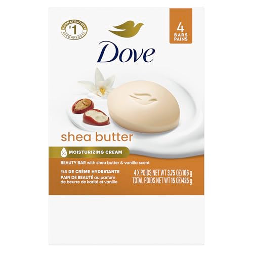 Dove Beauty Bar Soap Shea Butter 4 Count for Nourished, Radiant Skin, Enriches Skin 3.75 oz