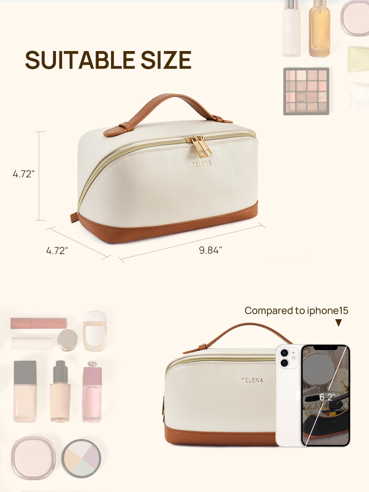 Telena Makeup Bag Large Capacity Travel Cosmetic Bag Portable PU Leather Water Resistant Makeup Organizer Bags for Women with Handle and Divider Open Flat Beige with Brown