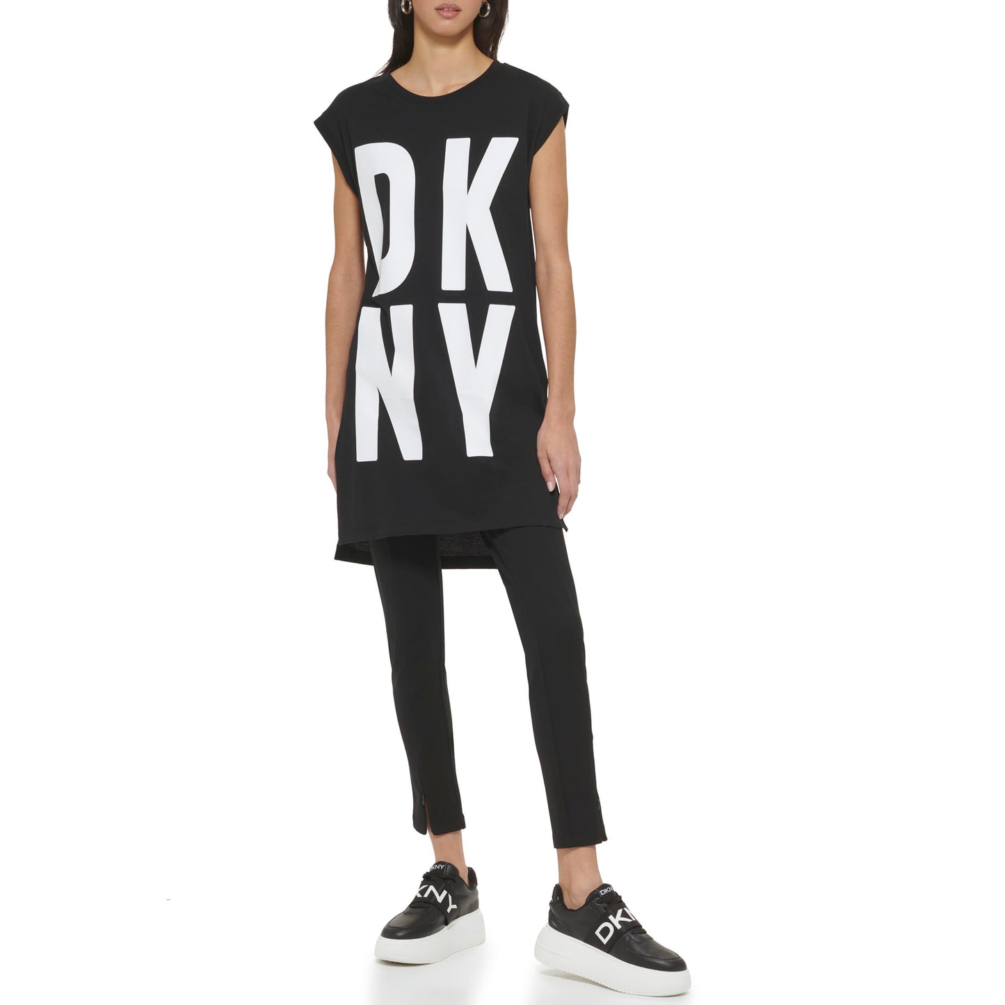 DKNY SPORTSWEAR womens Cap Sleeve Logo T-shirt T Shirt, Black/White, Large US