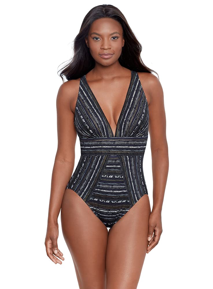 Miraclesuit Women's Swimwear Cypher Odyssey Tummy Control Soft Cup One Piece Swimsuit, Black/Multi, 08