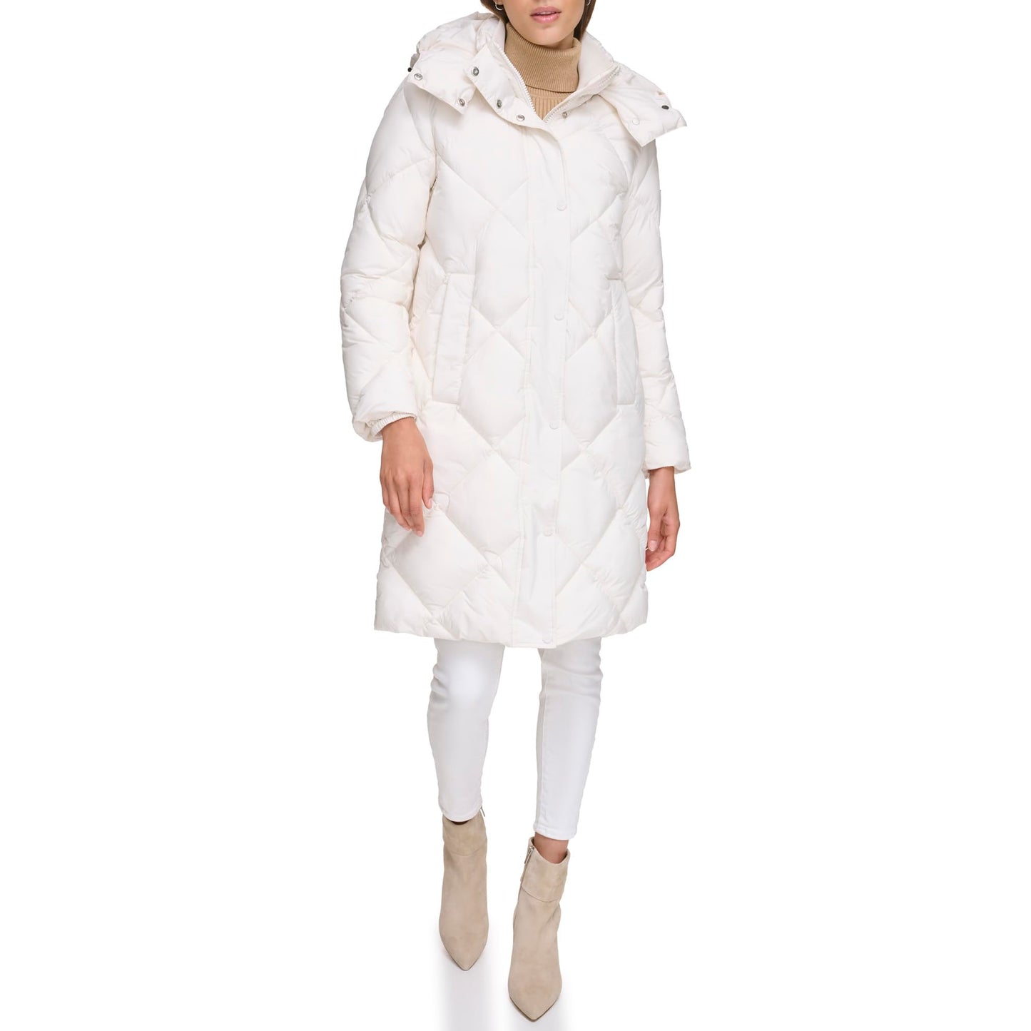 DKNY Women's Diamond Quilt Long Puffer, Pearl