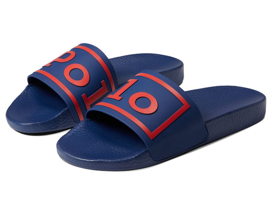 POLO RALPH LAUREN Womens Slide Sandals, Light Navy/Tomato Polo, 14 US