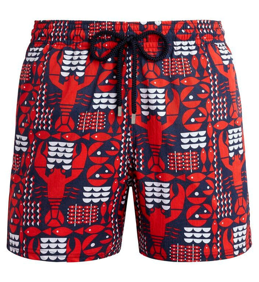Vilebrequin Men Stretch Flat Belt Swim Trunks Graphic Lobsters, L, Navy Blue