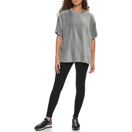 DKNY Women's Sport Boxy Velour Short Sleeve Pullover, Steel