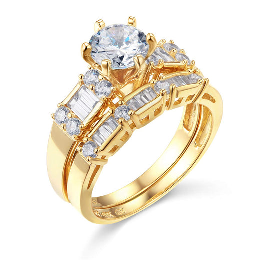 14k Yellow Gold SOLID Wedding Engagement Ring and Wedding Band 2 Piece Set - Size 8.5