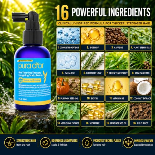 PURA D'OR Hair Thinning Therapy Energizing Scalp Serum 4oz w/Copper Tripeptide, Biotin, Caffeine, Plant Stem Cell, Catalase & DHT Balance, Rosemary Green Tea Leaf Extract, All Hair Types, Men Women