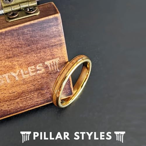 14K Yellow Gold Wedding Bands Womens Ring with Whisky Bourbon Wood Inlay Thin 4mm Gold Whiskey Barrel Ring Comfort Fit Tungsten Rings for Men Wooden Couples Ring Set