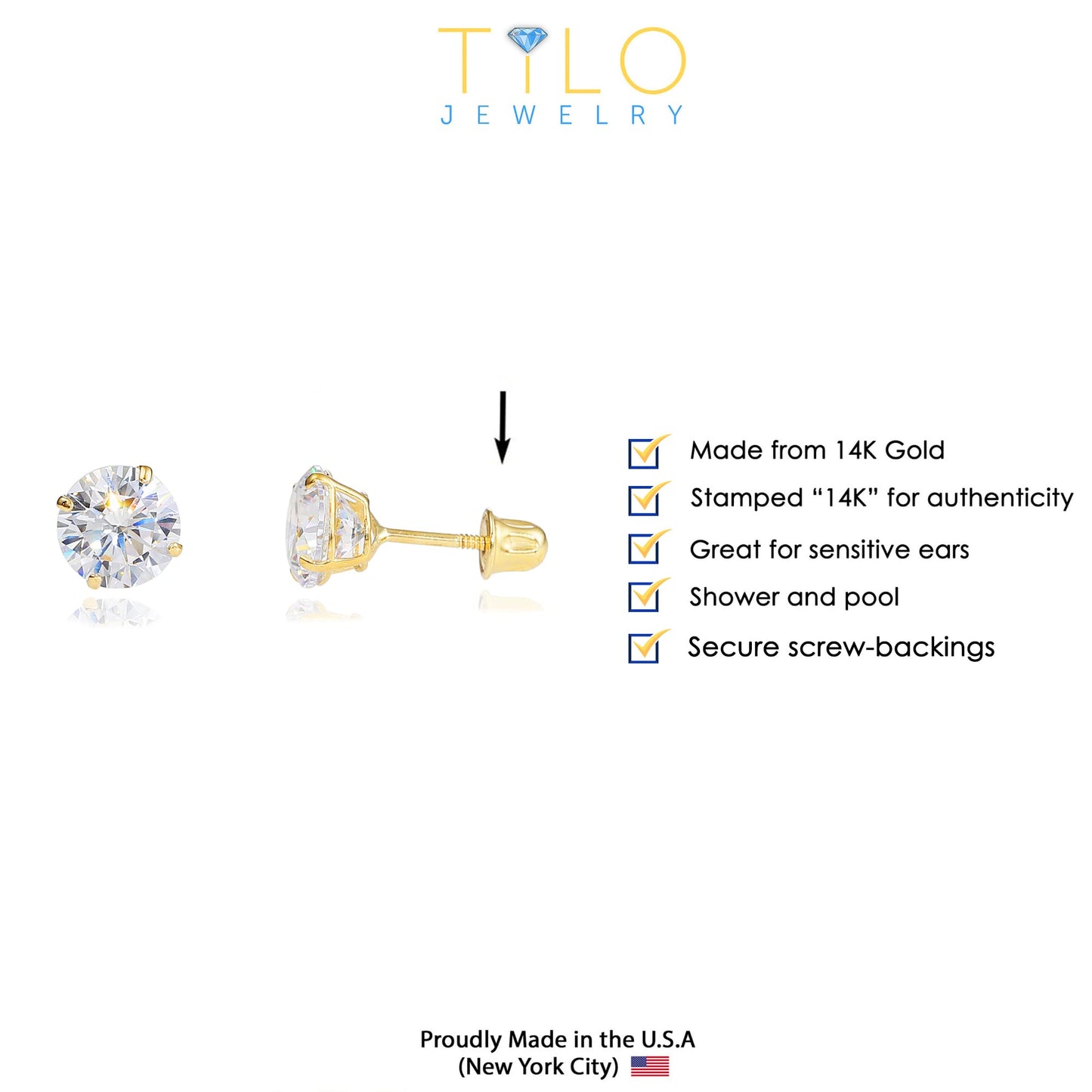 14k Yellow Gold Solitaire Round Cubic Zirconia Stud Earrings in Secure Screw-backs (5mm)…