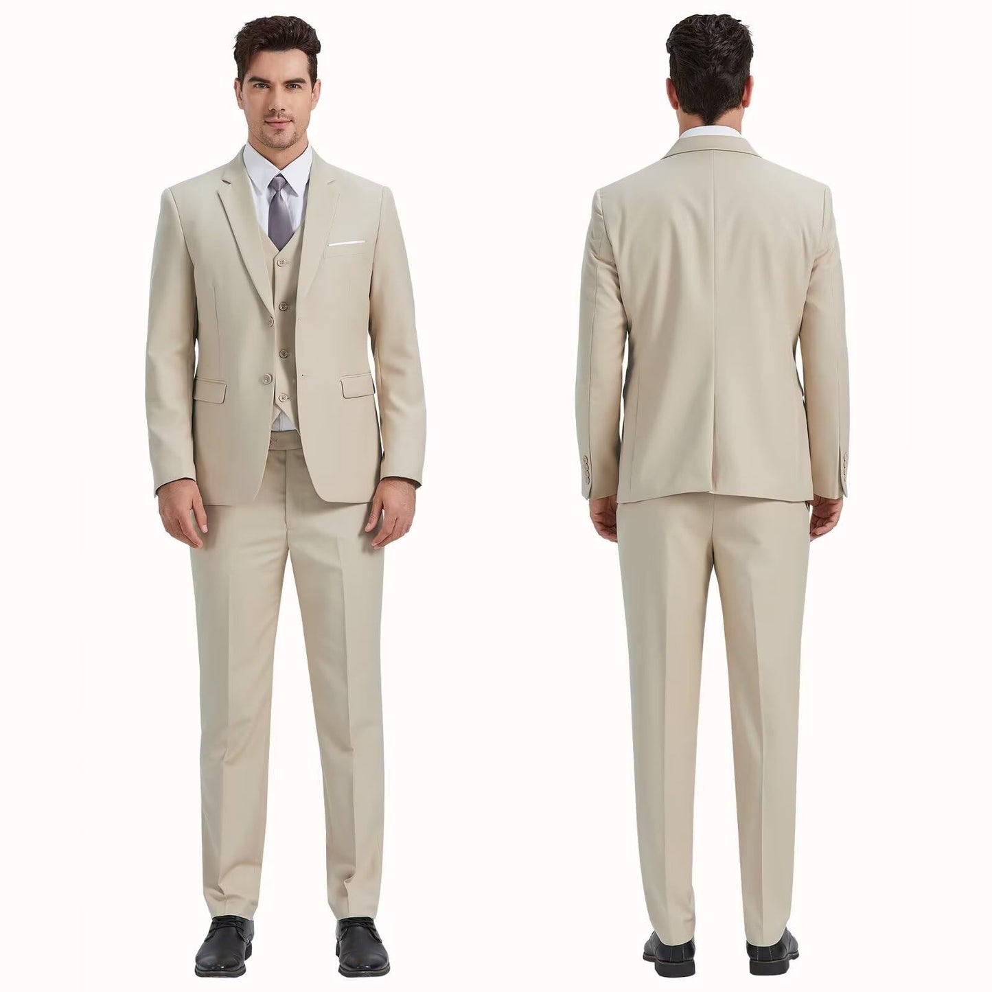 Men's Slim Fit 3 Pieces Suit, 2 Buttons Beige Blazer Vest Pants with Tie Set, Business Wedding Tuxedo M