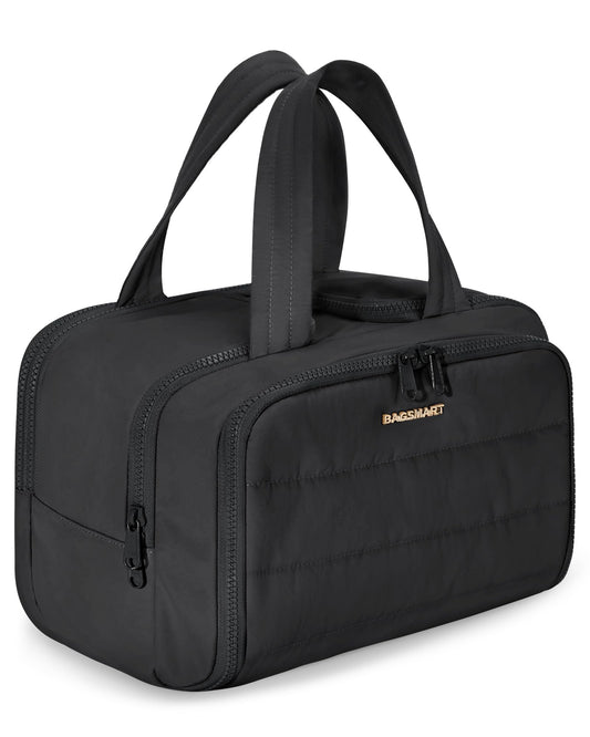 BAGSMART Travel Toiletry Bag, Lightweight Large Wide-open Travel Bag for Women, Puffy Cosmetic Makeup Bag Organizer with Handle for Accessories,Essentials, Toiletries, Black