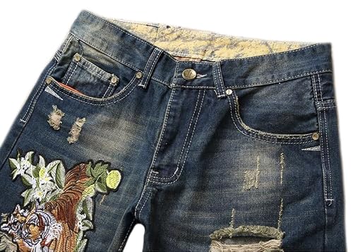 Enrica Men's Straight Slim Fit Ripped Distressed Jeans with Embroidered Patches Pants, Blue 0795, 38