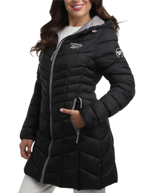 Reebok Women's Winter Jacket - Long Length Quilted Puffer Parka - Heavyweight Outerwear Coat for Women (S-XL), Size Medium, Jet Black