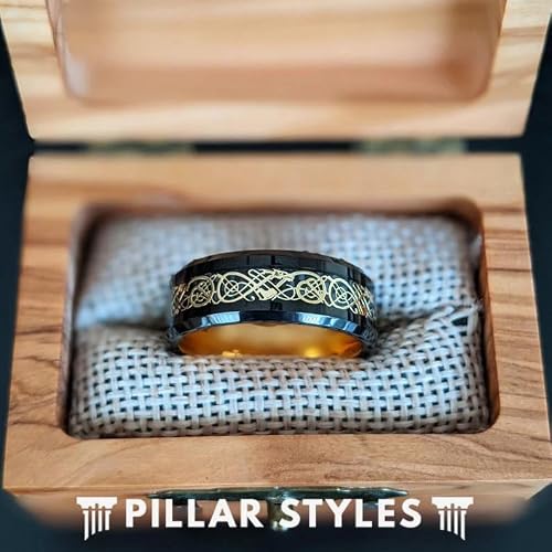 Pillar Styles 14K Gold Celtic Rings for Men Wedding Bands Black Viking Ring with Beveled Edges 8mm Tungsten Rings with Irish Inlay Unique Couples for Him