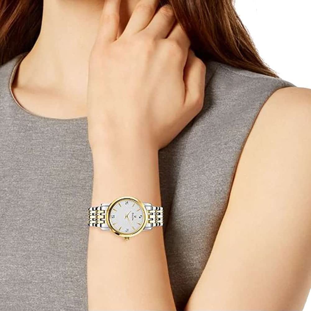 Bulova Ladies' Classic Diamond Dial Two-Tone Stainless Steel 3-Hand Quartz Watch, Silver-White Dial Style: 98P115