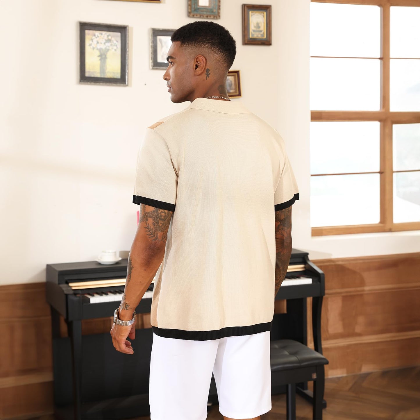 Men's Fashion Polo Shirts Vintage Striped Knitting Shirts Casual Slim Fit Golf Shirts Apricot