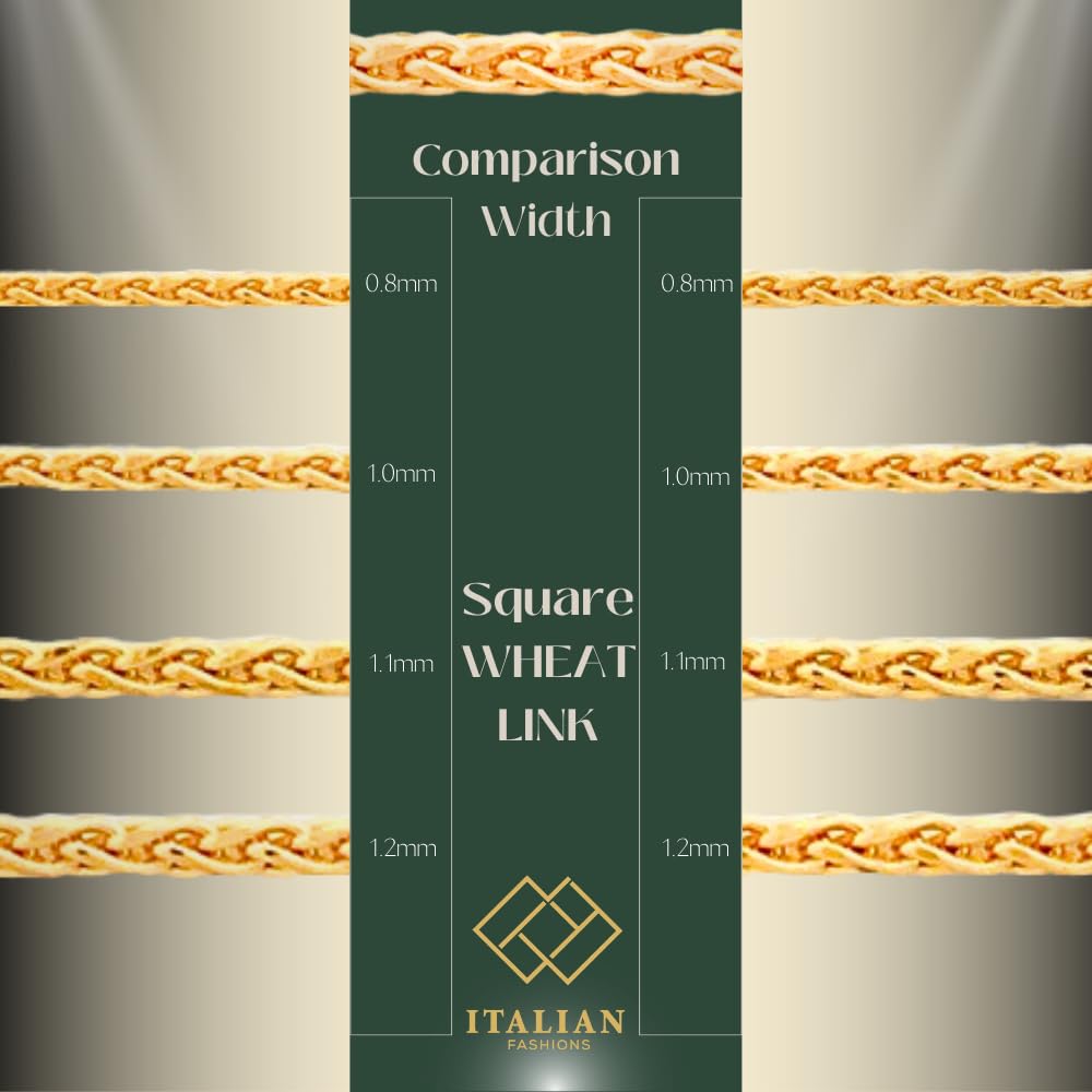ITALIAN FASHIONS REAL Solid 14K or 10K Yellow or White Gold 0.80mm,1.0mm, 1.1mm Diamond Cut Braided Square Wheat Spiga Chain Necklace with Lobster Claw Clasp | Multiple Lengths Available | Men Women | MADE IN ITALY (0.8 mm 16 Inches 14K Yellow Gold ITALY)