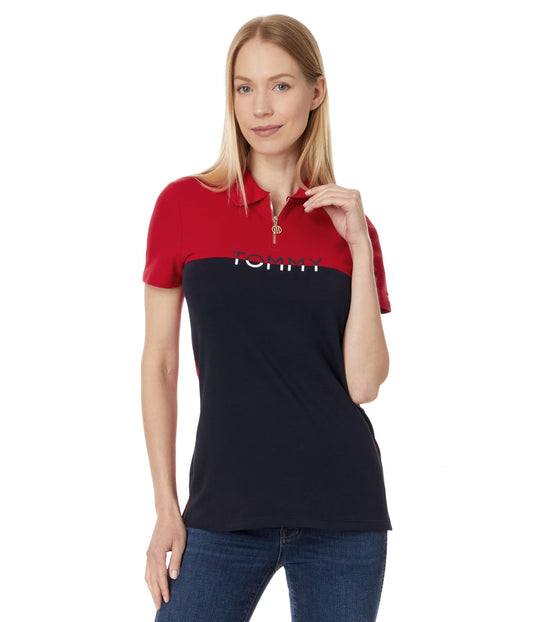 Tommy Hilfiger, Women's, Color Block Logo Polo, Sky Captain/Scarlet, Medium