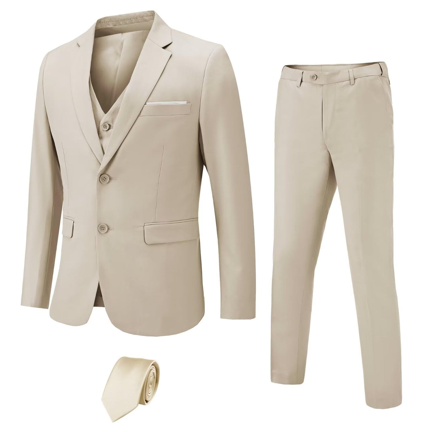 Men's Slim Fit 3 Pieces Suit, 2 Buttons Beige Blazer Vest Pants with Tie Set, Business Wedding Tuxedo M