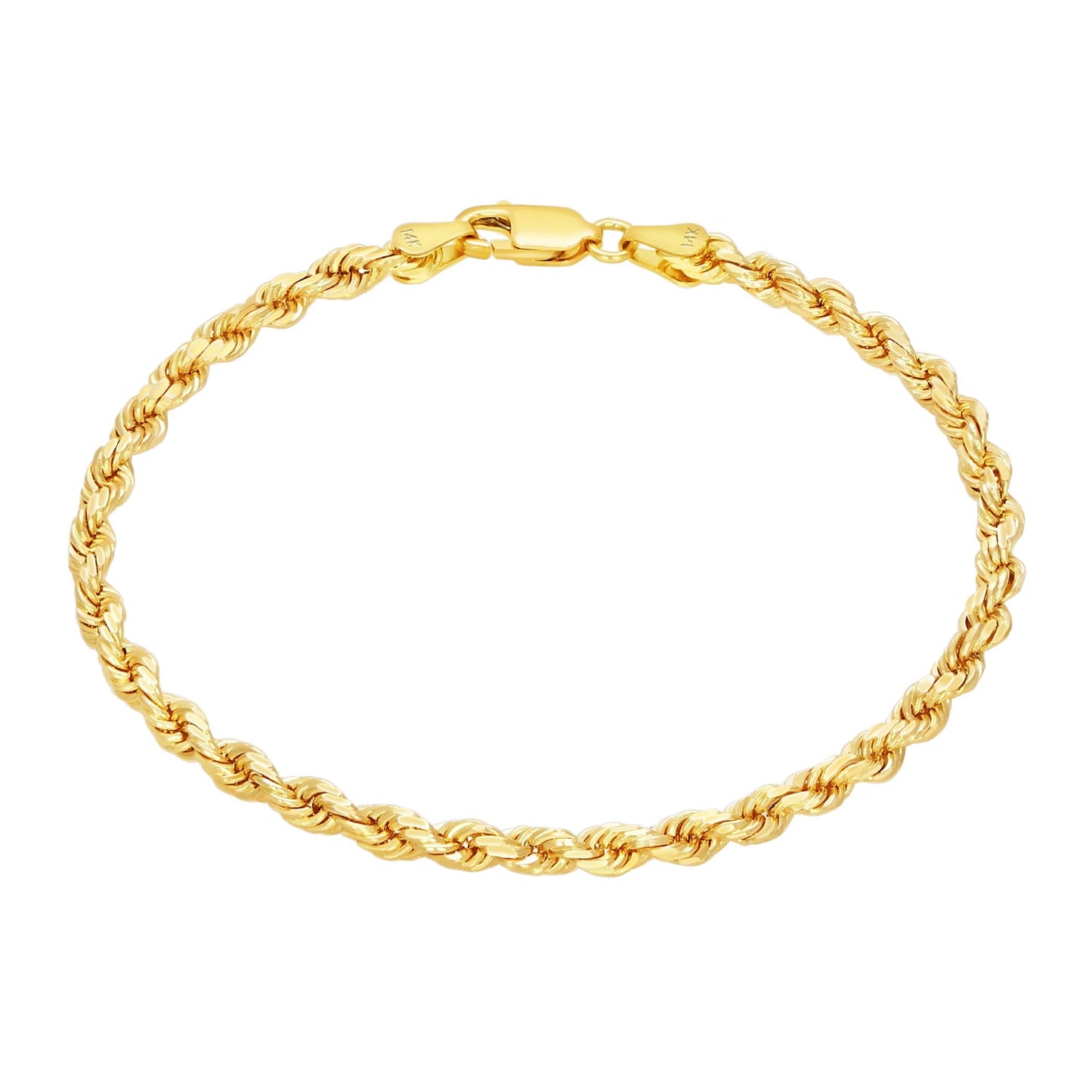 Nuragold 14k Yellow Gold 3mm Rope Chain Diamond Cut Bracelet or Anklet, Mens Womens Jewelry 7" 7.5" 8" 8.5" 9"