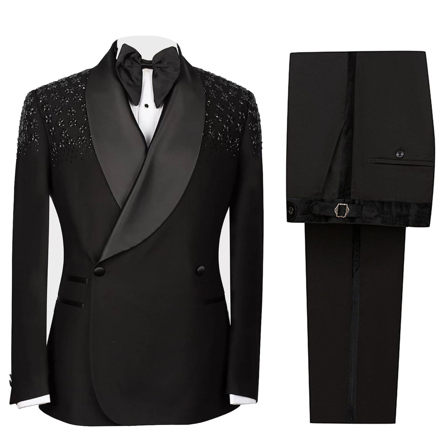 Manviss Luxury Mens 2 Pieces Suit Slim Fit Dinner Tuxedo Blazers Pants Outfit with Rhinestone for Prom,Party,Wedding