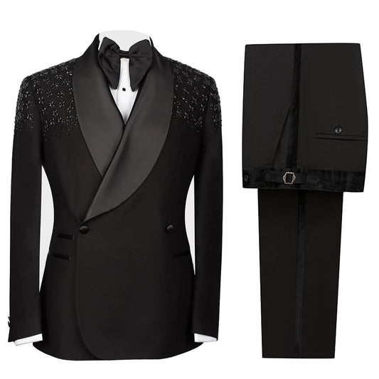 Manviss Luxury Mens 2 Pieces Suit Slim Fit Dinner Tuxedo Blazers Pants Outfit with Rhinestone for Prom,Party,Wedding