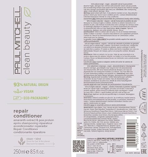 Paul Mitchell Clean Beauty Repair Conditioner, Strengthens, Balances Moisture, For Damaged, Brittle Hair, 8.5 fl. oz.