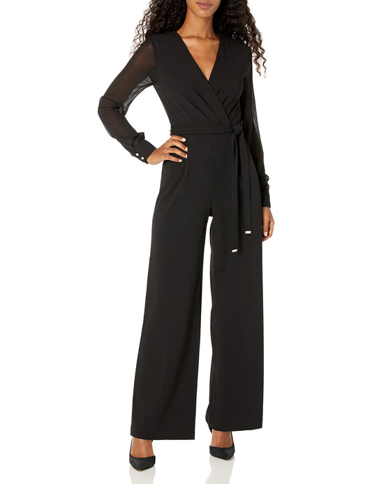 Tommy Hilfiger Womens Surplus Neckline Tie Scuba Crepe Straightleg Jumpsuit Straight Leg, Black, 2 US