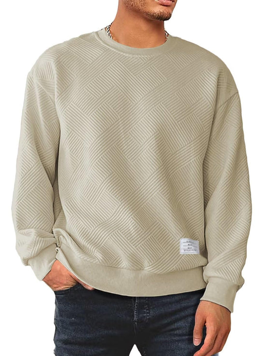 Dokotoo Men Men's Long Sleeve Sweatshirt Casual Crewneck Geometric Texture Soild Color Pullover Sweatshirts Khaki Large