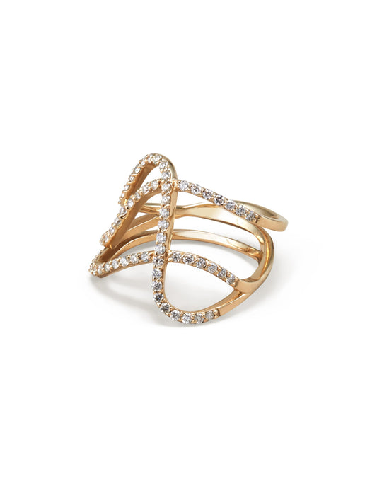 14K Yellow Gold Three Row Curved Diamond Pavé Ring, Size 7, Yellow Gold