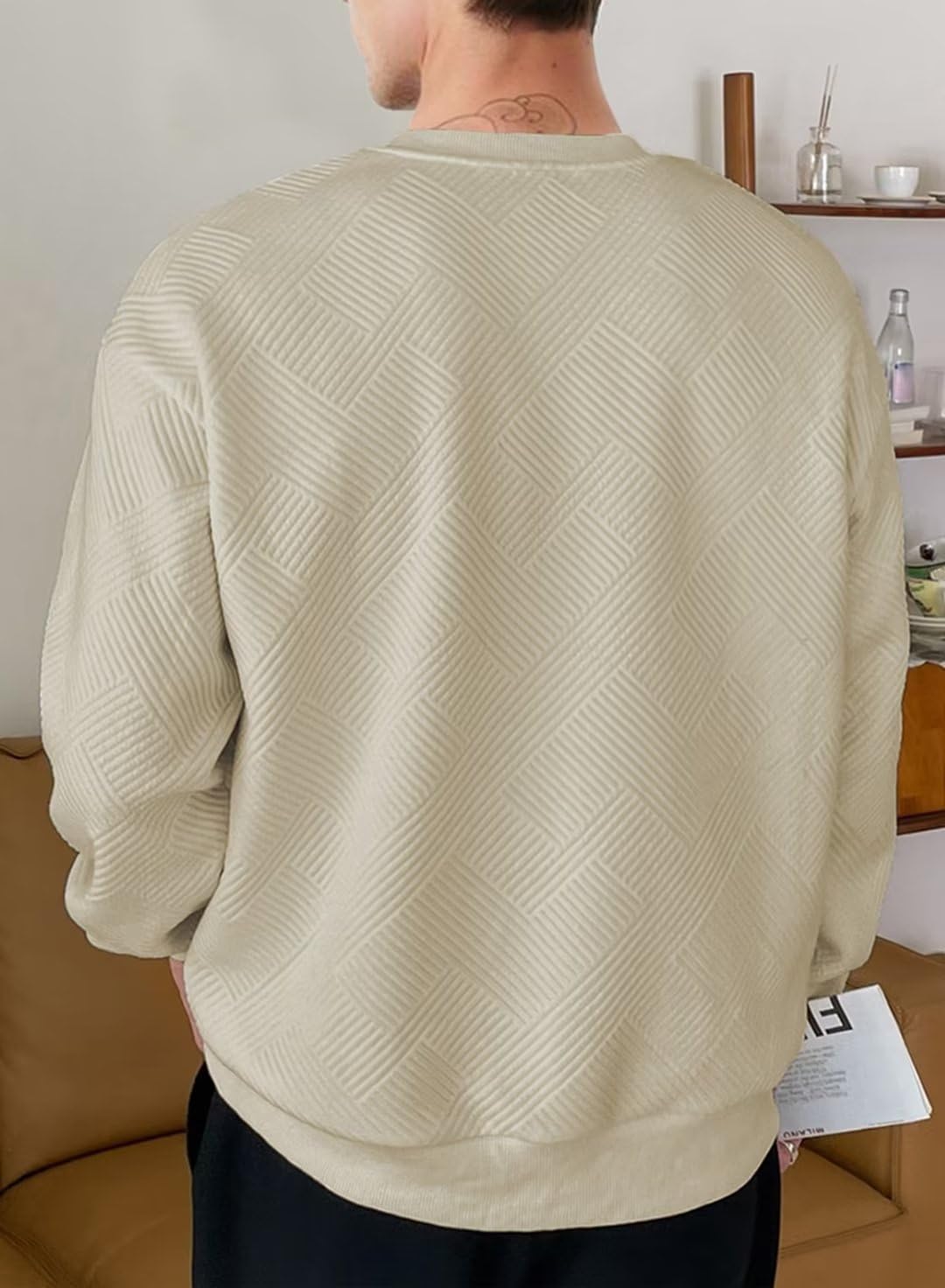 Dokotoo Men Men's Long Sleeve Sweatshirt Casual Crewneck Geometric Texture Soild Color Pullover Sweatshirts Khaki Large