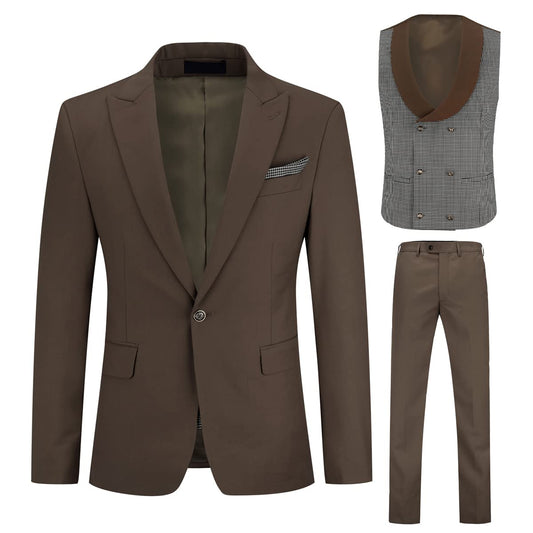 Mens Luxury 3 Piece Suit 1 Button Slim Dinner Party Jacket Plaid Vest Pants Set Dark Brown