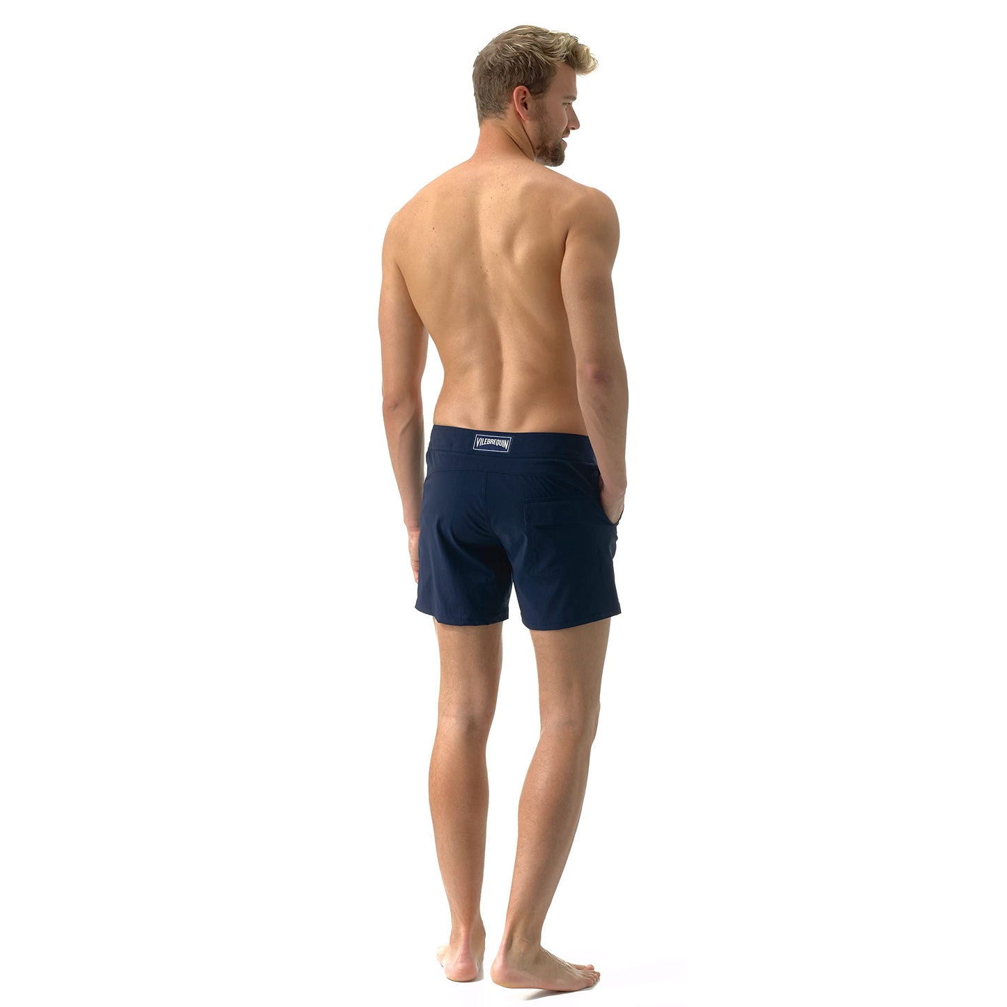 Vilebrequin Men Flat Belt Stretch Swim Trunks Solid, M, Navy Blue