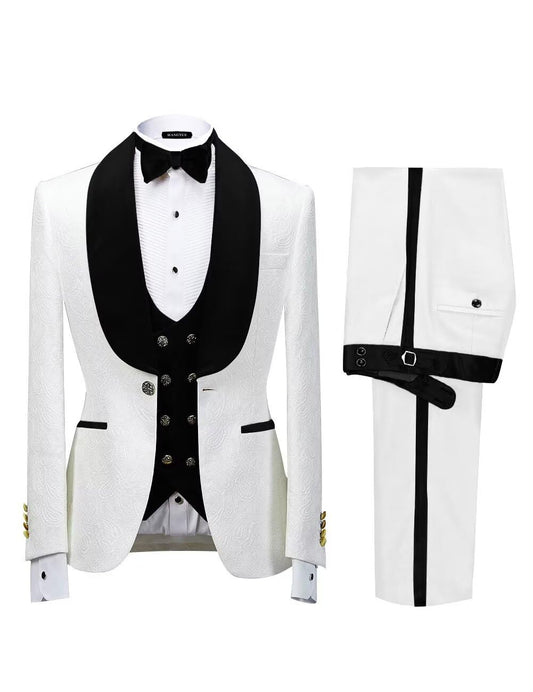 Men's Floral Tuxedo Suits Luxury Embroide Regular Fit Suit 3 Piece Set Wedding Blazer Dinner Tuxedo for Party Plus Size 52 White-Black