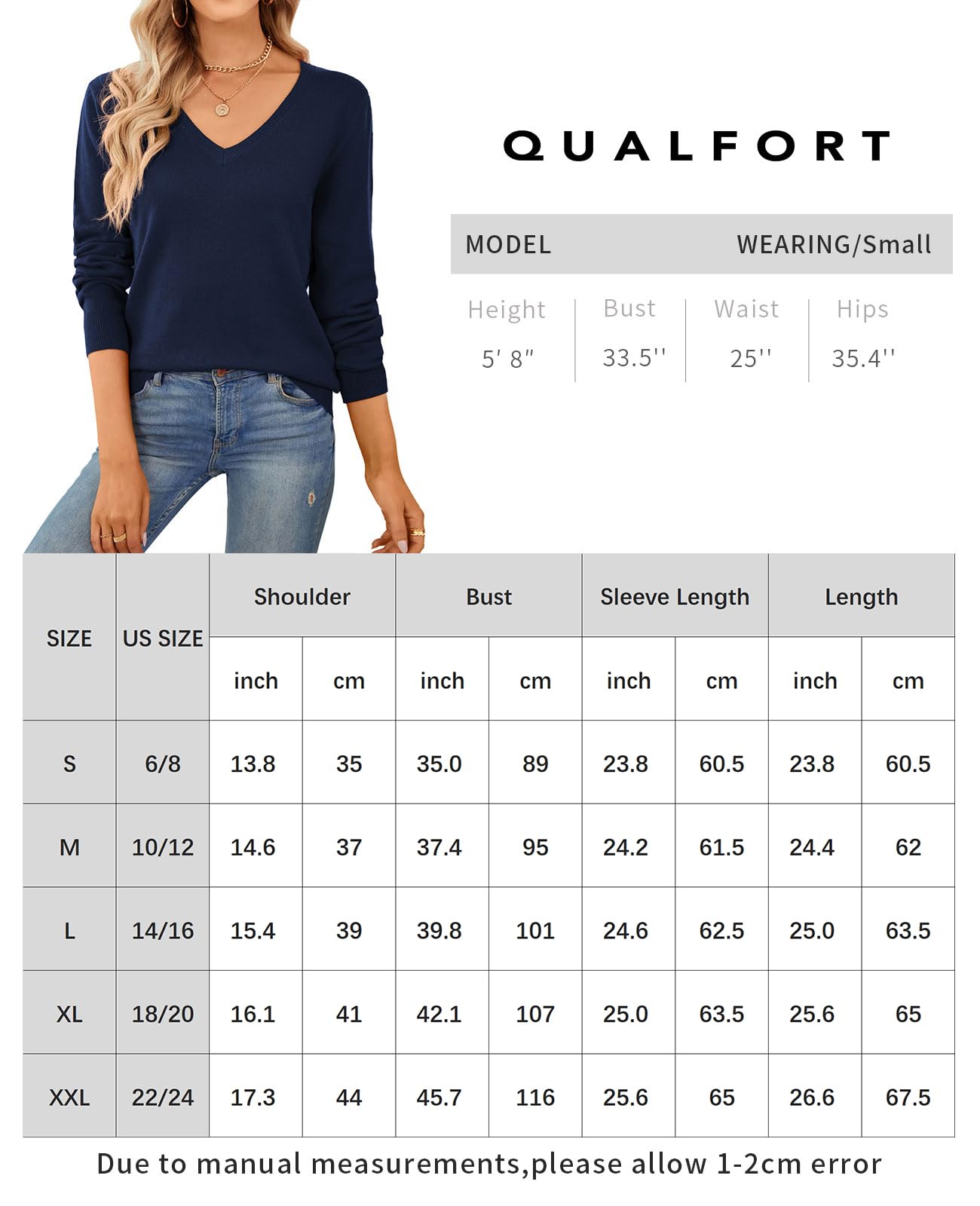 QUALFORT Women's 100% Cotton Sweater V Neck Long Sleeve Knitted Sweaters Navy Medium