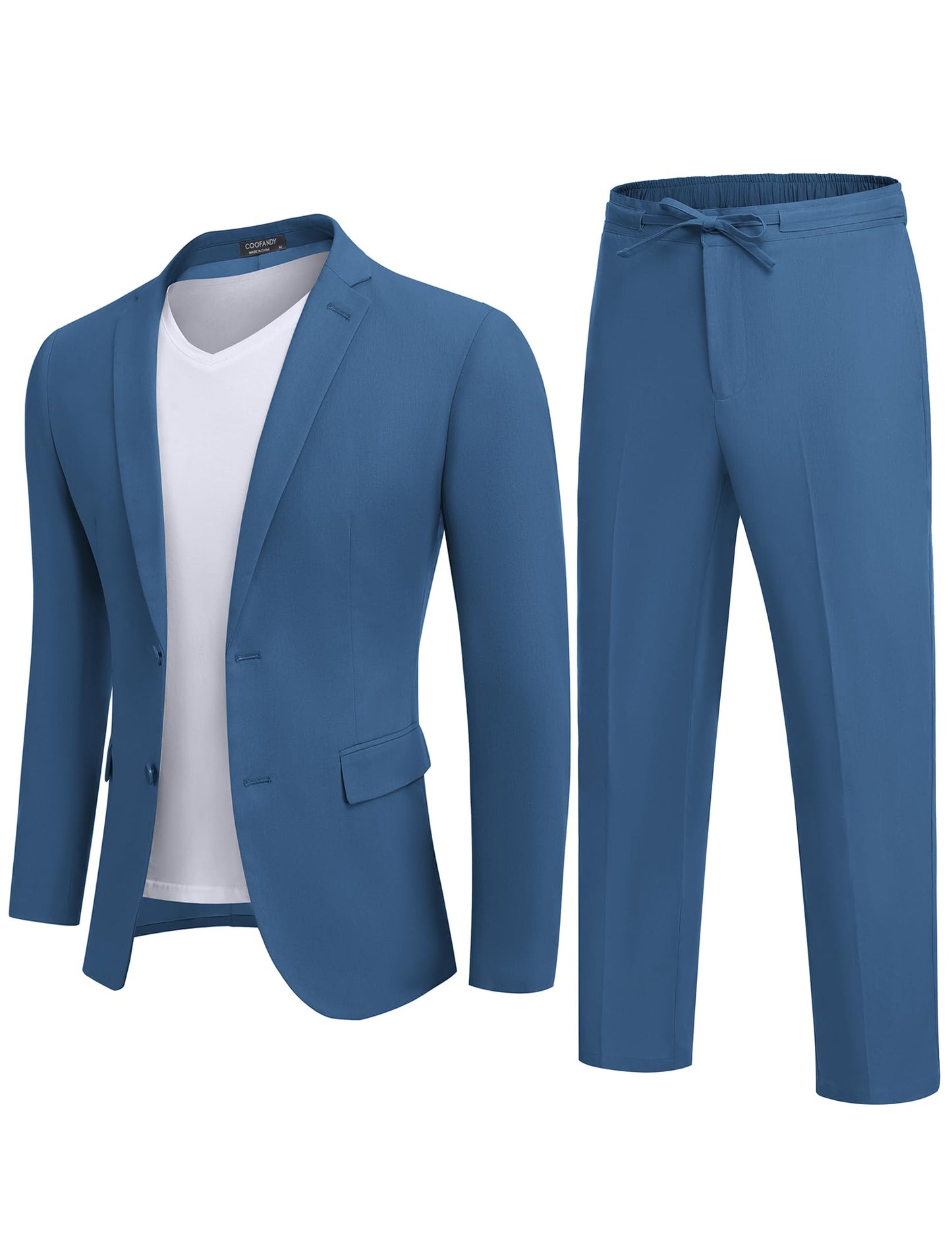 COOFANDY Men's 2 Piece Cotton Linen Suit Slim Fit Casual Wedding Groomsmen Tuxedo Prom Party Jacket Pants Set Blue
